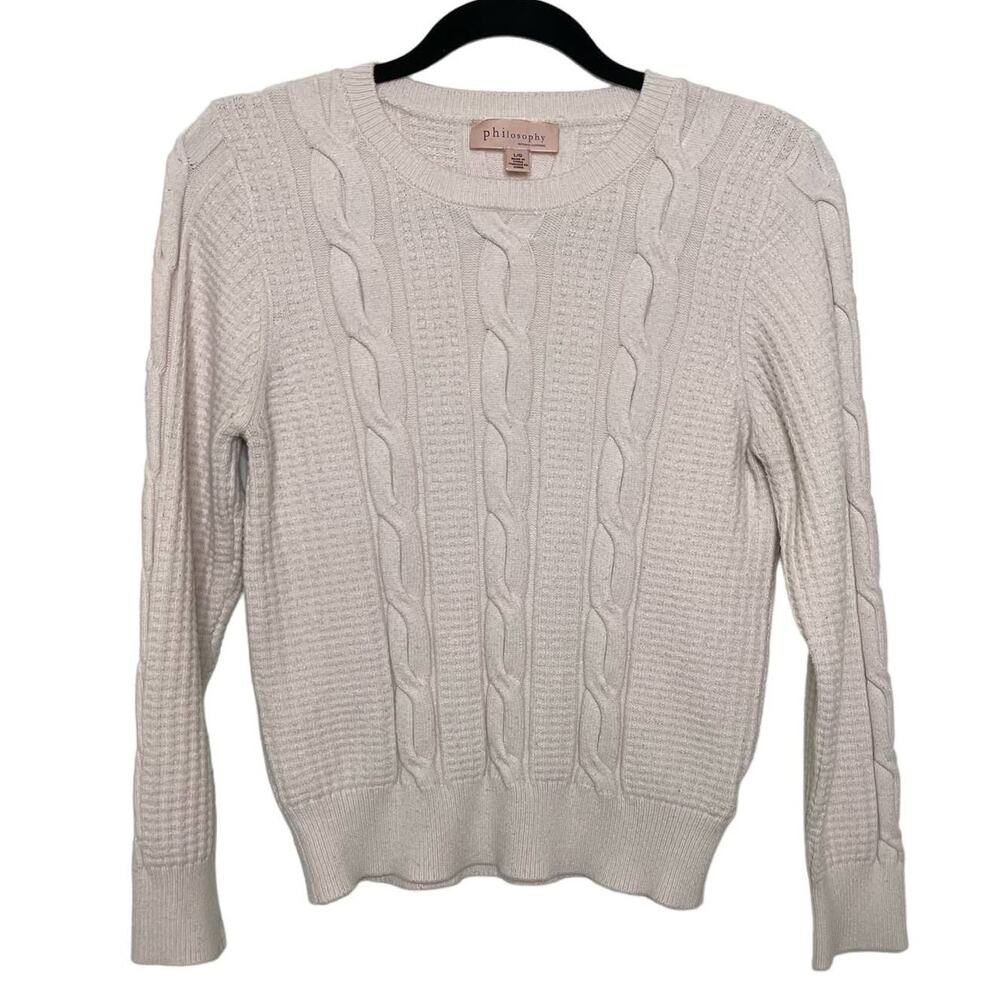 Philosophy Cable Knit Sweater Long Sleeve Crewneck Ribbed Fishermen White Rory L